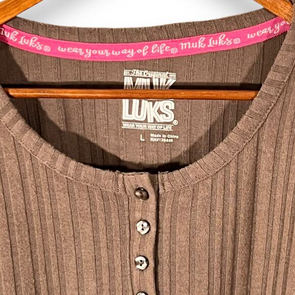 Muk Luks Lounge Set Rib Knit Henley Top Pants Cozy Minimalist Coffee Women L - Picture 5 of 13